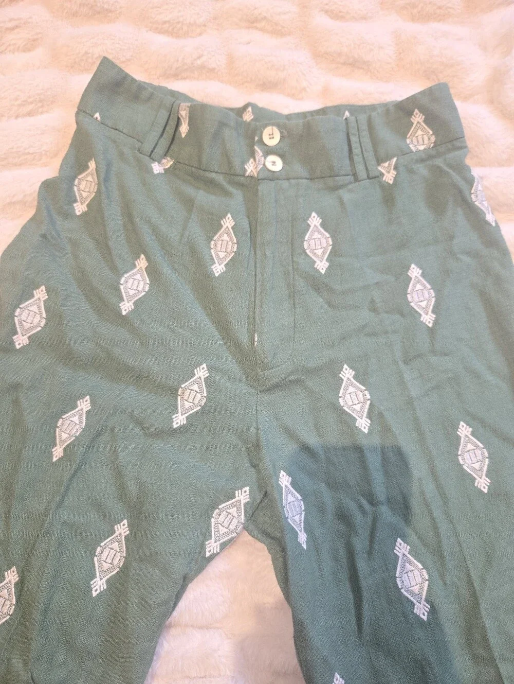 Zara Linen Green Embroidered Wide-Leg Resort [Medium] Pants Beach Tropical